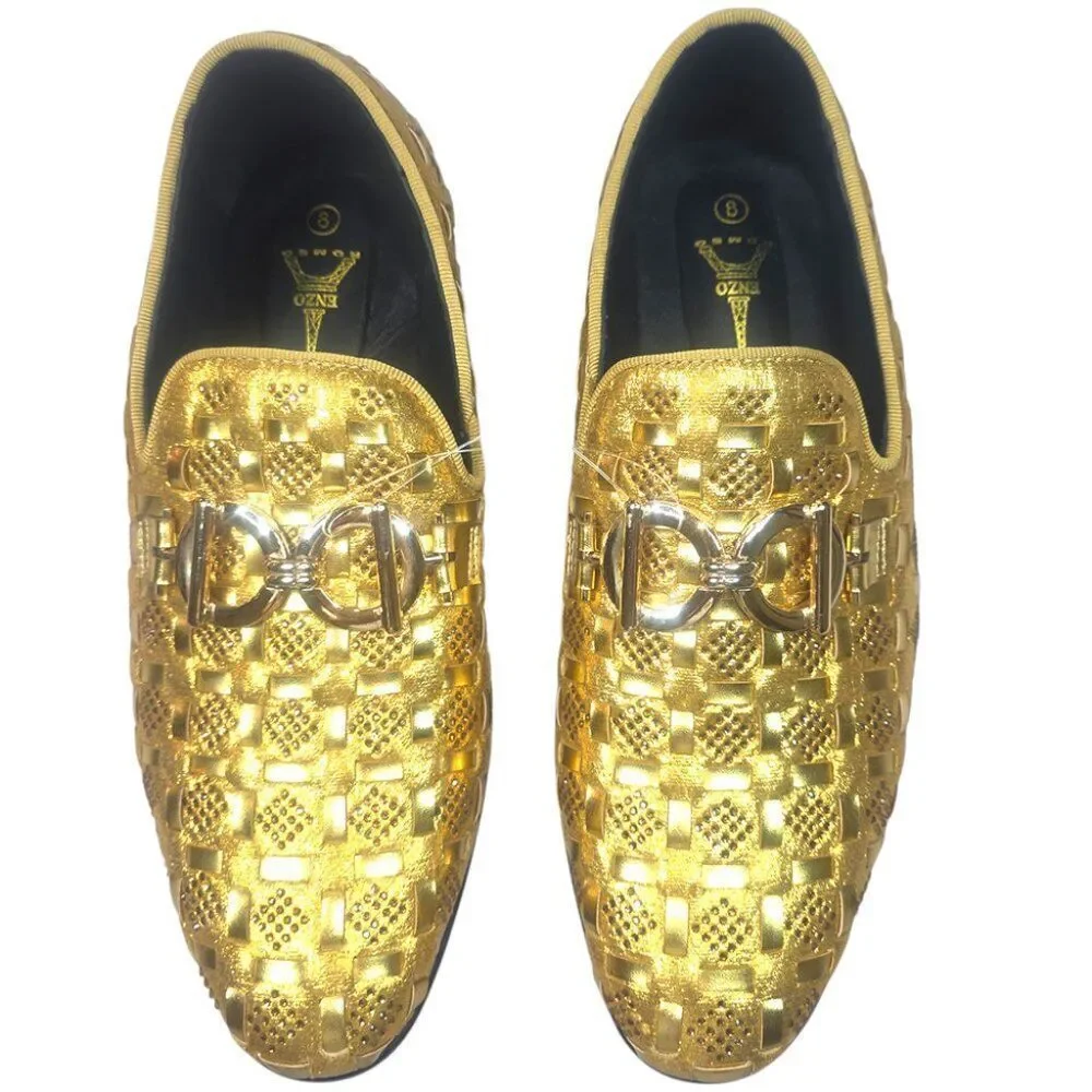 Enzo Romeo Men’s Gold Metallic Woven Rhinestone Loafers Horsebit Size 8